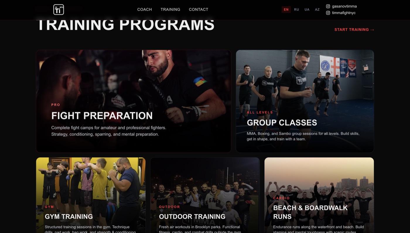Training programs: fight prep, group classes, gym, outdoor